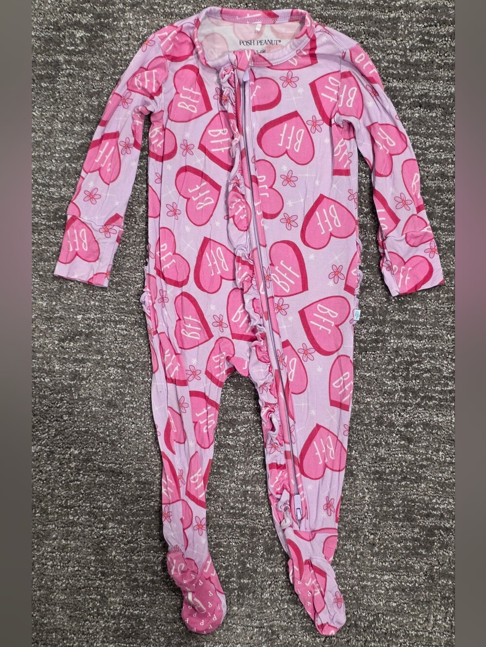 Posh Peanut Pink & Dark Pink Heart 'BFF' Ruffle Footed One-Piece